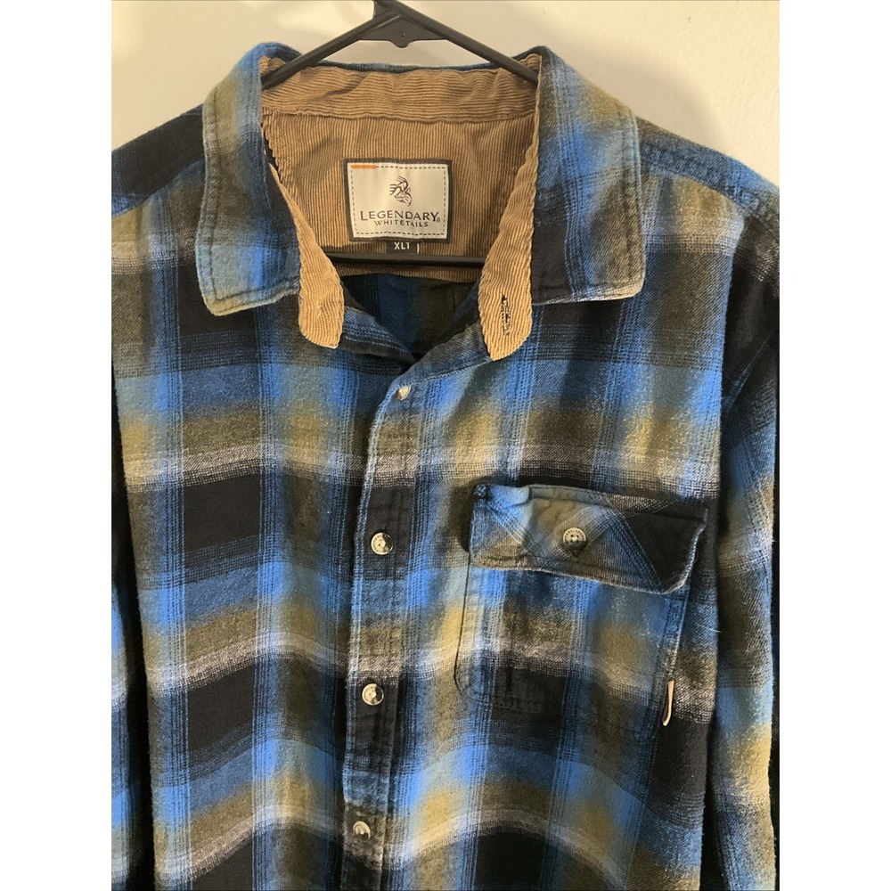 Legendary Whitetails Mens Large Buck Camp Flannel Shirt Blue Plaid Corduroy - Picture 3 of 5